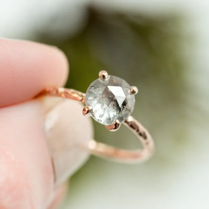 Anueva Jewelry 180ct Rosecut Silver Grey Diamond and Dainty Carved Rose Gold Low Profile Solitaire Setting Earrings Anueva Jewelry 180ct Rosecut Silver Grey Diamond and Dainty Carved Rose Gold Low Profile Solitaire Setting Earrings