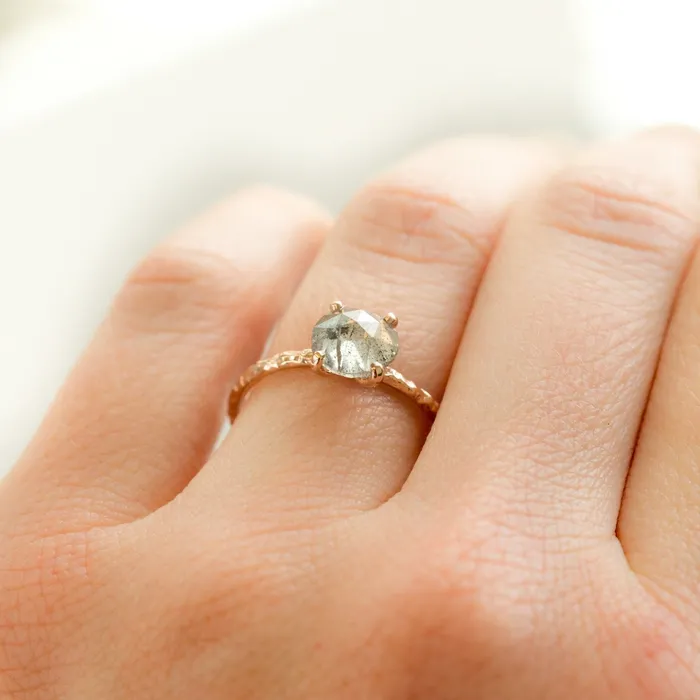 Anueva Jewelry 180ct Rosecut Silver Grey Diamond and Dainty Carved Rose Gold Low Profile Solitaire Setting Earrings
