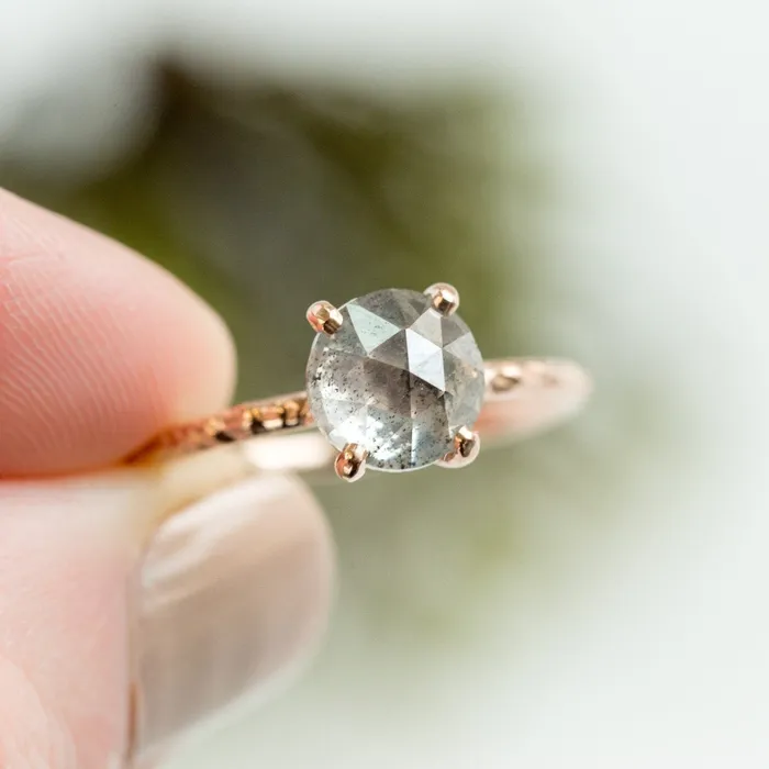Anueva Jewelry 180ct Rosecut Silver Grey Diamond and Dainty Carved Rose Gold Low Profile Solitaire Setting Earrings