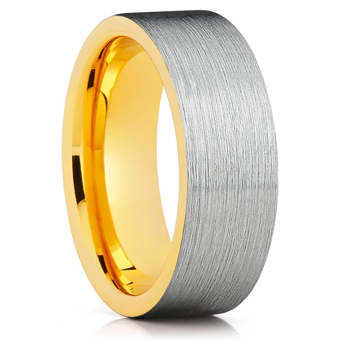 Yellow Gold Tungsten Wedding Ring Silver Brushed Tungsten Wedding Band Gold Clean Casting Jewelry Rings