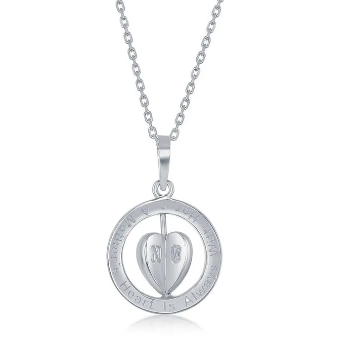 A Mothers Heart is Always with Her Children Spinning 3D Heart Sterling Silver Necklace Classic Necklaces