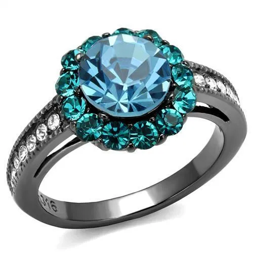 Alamode Rings TK2716 IP Light Black IP Gun Stainless Steel Ring with Top Grade Crystal in Sea Blue