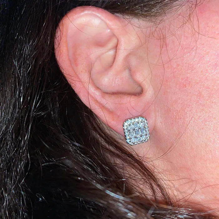 Bling Cartel Admin Earrings 925 Silver Baguette Iced CZ Earrings Flooded Out Square 11MM x 10MM