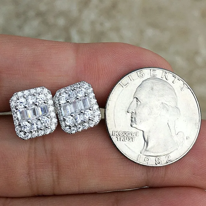 Bling Cartel Admin Earrings 925 Silver Baguette Iced CZ Earrings Flooded Out Square 11MM x 10MM