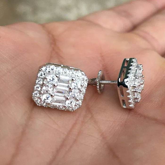 Bling Cartel Admin Earrings 925 Silver Baguette Iced CZ Earrings Flooded Out Square 11MM x 10MM