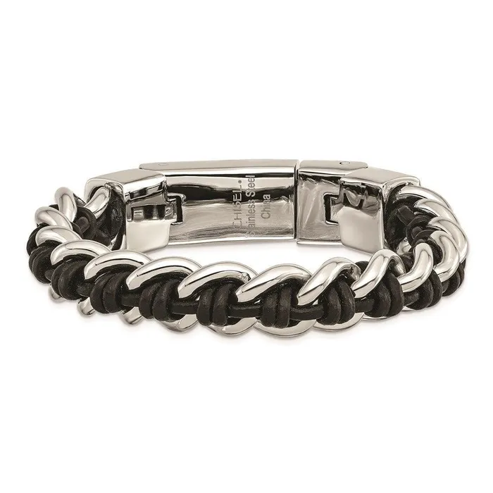 Bracelets Chisel Stainless Steel Polished Black Leather 85in Bracelet Bracelets Chisel Stainless Steel Polished Black Leather 85in Bracelet