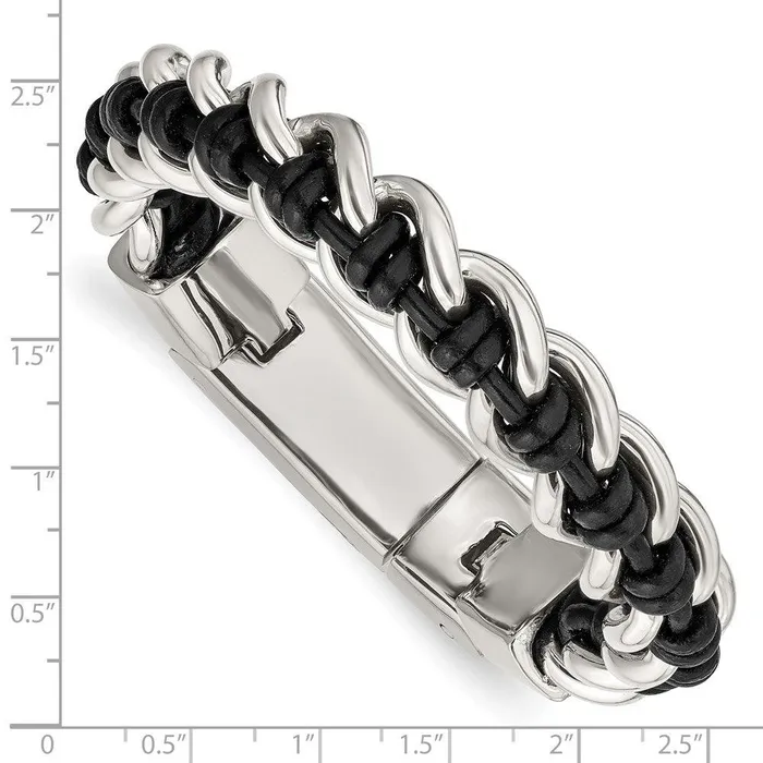 Bracelets Chisel Stainless Steel Polished Black Leather 85in Bracelet Bracelets Chisel Stainless Steel Polished Black Leather 85in Bracelet