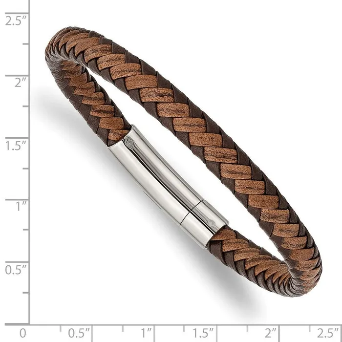 Bracelets Chisel Stainless Steel Polished Brown Braided Leather 825in Bracelet