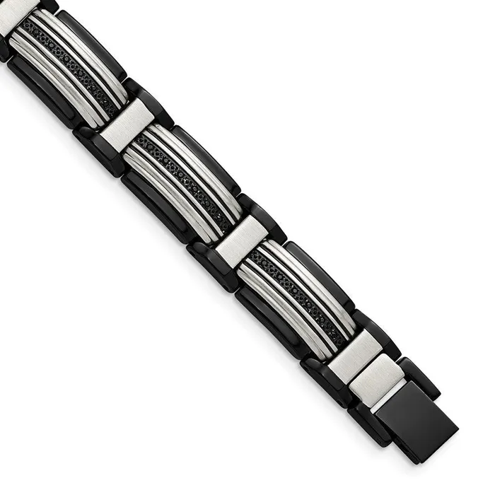 Chisel Bracelets Stainless Steel Polished Black IPplated with Black CZ 875in Link Bracelet