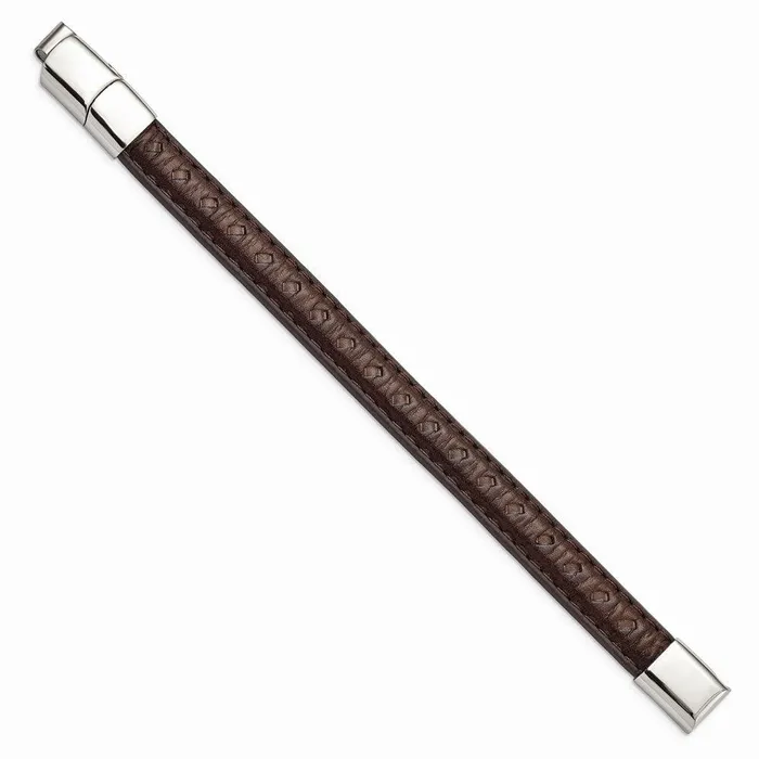 Chisel Bracelets Stainless Steel Polished Brown Leather w5in ext 775in Bracelet