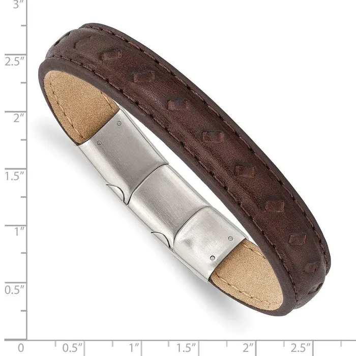 Chisel Bracelets Stainless Steel Polished Brown Leather w5in ext 775in Bracelet