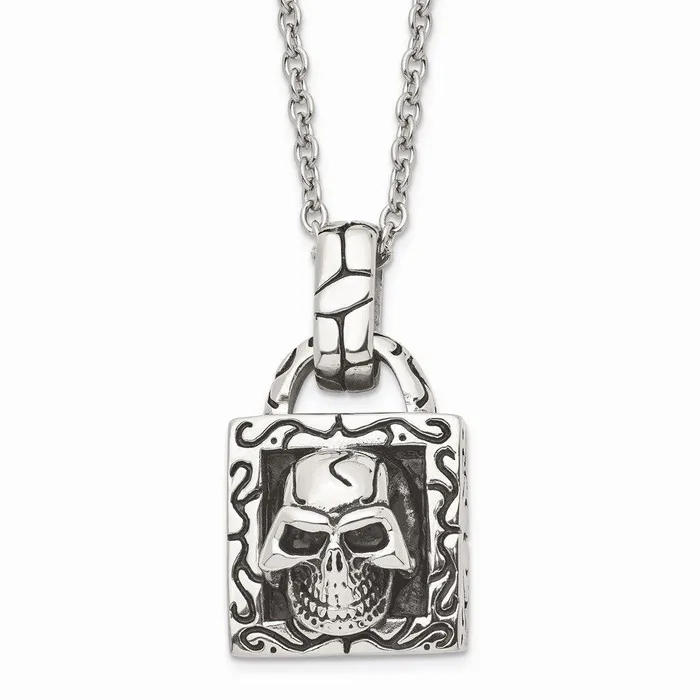 Chisel Necklaces Stainless Steel Polished and Antiqued Skull Necklace
