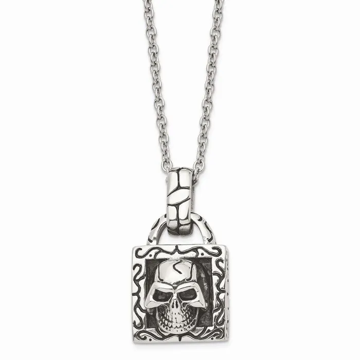 Chisel Necklaces Stainless Steel Polished and Antiqued Skull Necklace Chisel Necklaces Stainless Steel Polished and Antiqued Skull Necklace