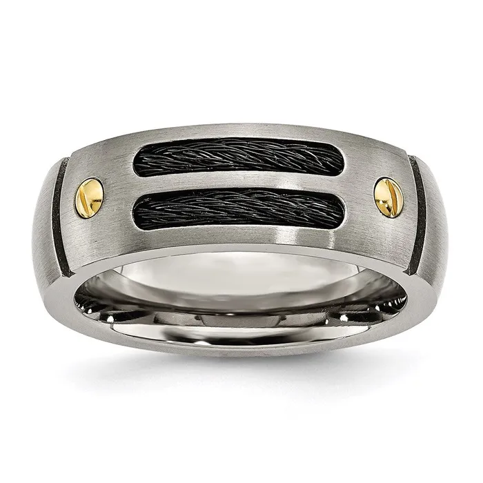 Chisel Rings Titanium Grooved Black Yellow IPplated 8mm Brushed Band TB162