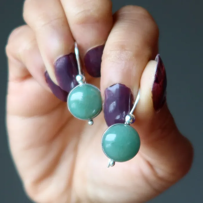 Green Aventurine Earrings Lucky Coins Sterling Silver Satin Crystals Earrings