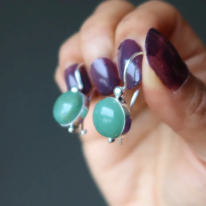 Green Aventurine Earrings Lucky Coins Sterling Silver Satin Crystals Earrings