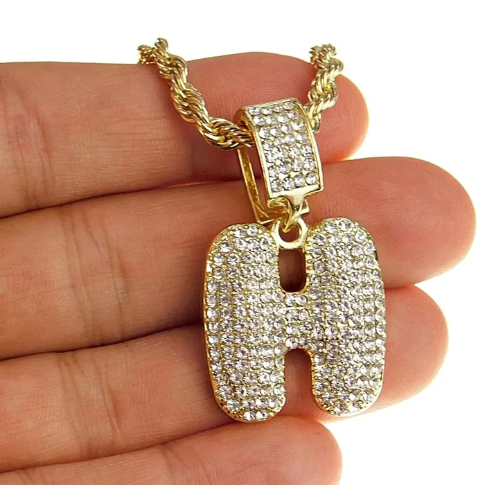 Necklaces Bubble Letter H Gold Finish Rope Chain Necklace 24 Bling Cartel Admin
