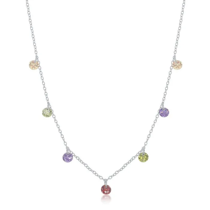 Necklaces Sterling Silver Dangling Rainbow Cubic Zirconia Necklace Classic