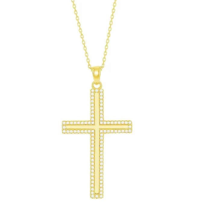 Necklaces Sterling Silver Gold Plated CZ Outline Cross Pendant Classic