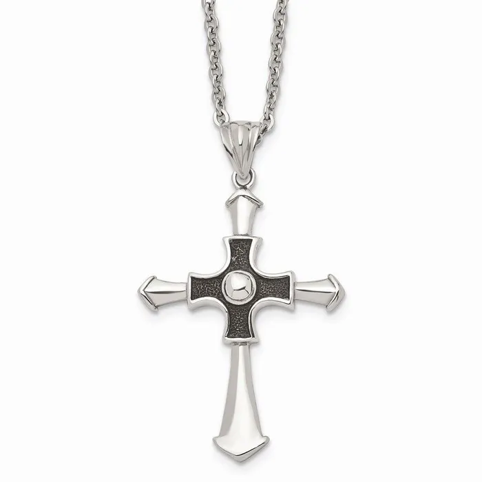 Stainless Steel Antiqued Polished Cross 22in Necklace Chisel Necklaces