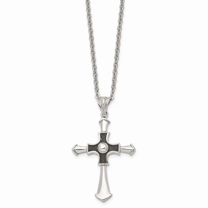 Stainless Steel Antiqued Polished Cross 22in Necklace Chisel Necklaces