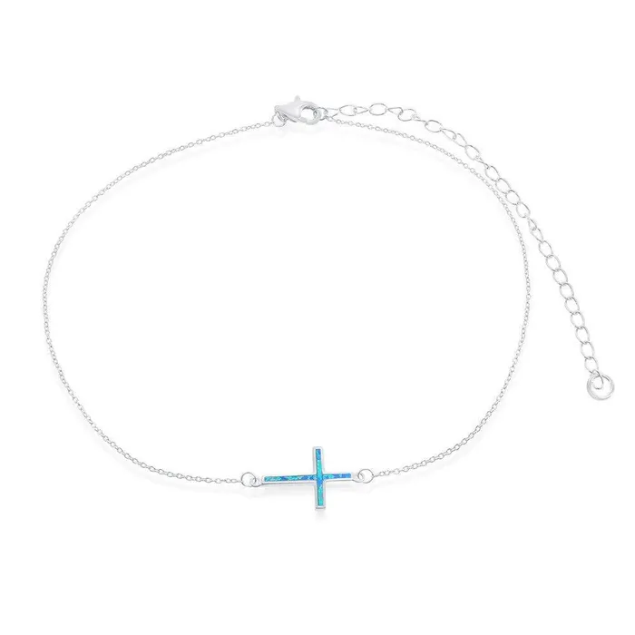 Sterling Silver Blue Inlay Opal Sideways Cross Choker Necklace Classic Necklaces