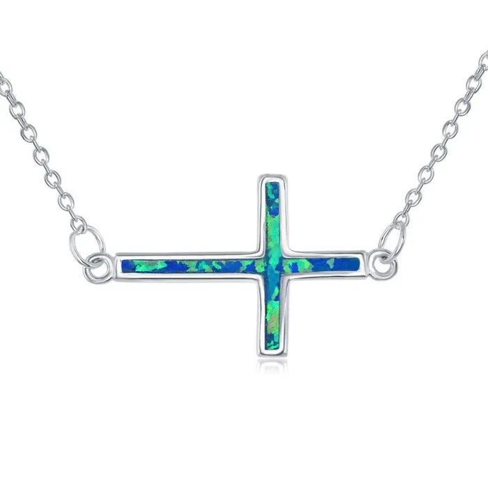 Sterling Silver Blue Inlay Opal Sideways Cross Choker Necklace Classic Necklaces Sterling Silver Blue Inlay Opal Sideways Cross Choker Necklace Classic Necklaces