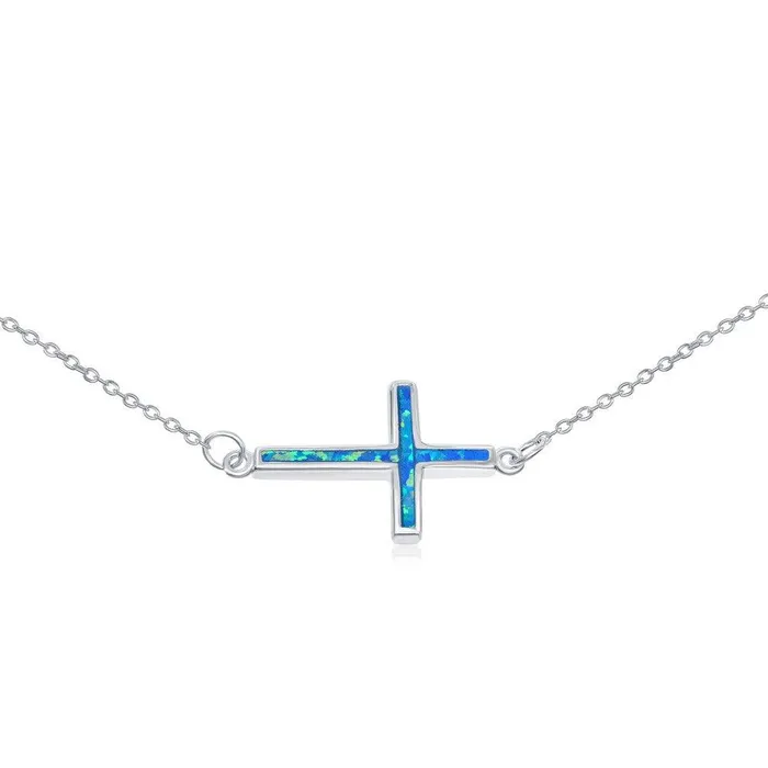 Sterling Silver Blue Inlay Opal Sideways Cross Choker Necklace Classic Necklaces Sterling Silver Blue Inlay Opal Sideways Cross Choker Necklace Classic Necklaces