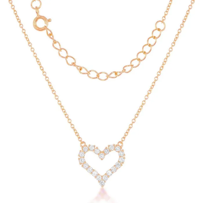 Sterling Silver Rose GP Small Open CZ Heart Necklace Classic Necklaces