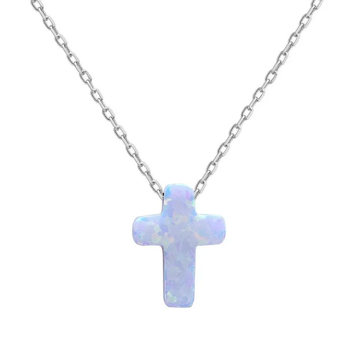 Sterling Silver Small White Opal Cross Necklace Classic Necklaces