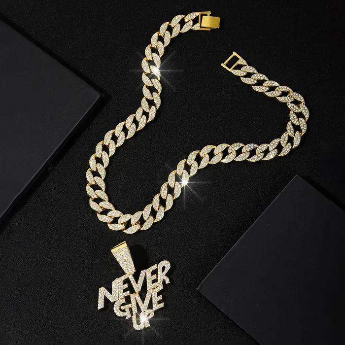 VVS Jewelry Necklaces NEVER GIVE UP Pendant Cuban Chain