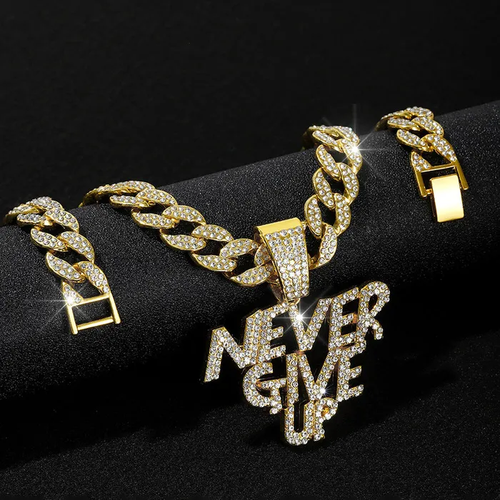 VVS Jewelry Necklaces NEVER GIVE UP Pendant Cuban Chain