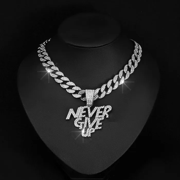 VVS Jewelry Necklaces NEVER GIVE UP Pendant Cuban Chain