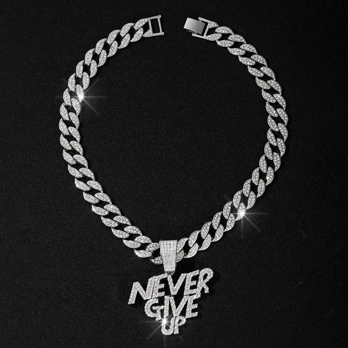 VVS Jewelry Necklaces NEVER GIVE UP Pendant Cuban Chain