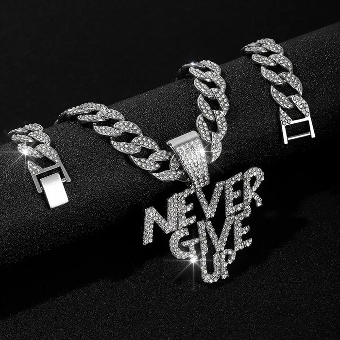 VVS Jewelry Necklaces NEVER GIVE UP Pendant Cuban Chain