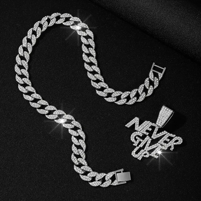 VVS Jewelry Necklaces NEVER GIVE UP Pendant Cuban Chain