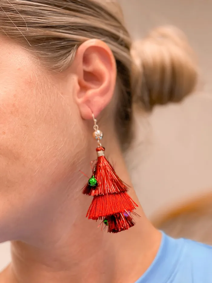 Earrings Prep Obsessed ESS Christmas Tinsel Dangle Earrings Red