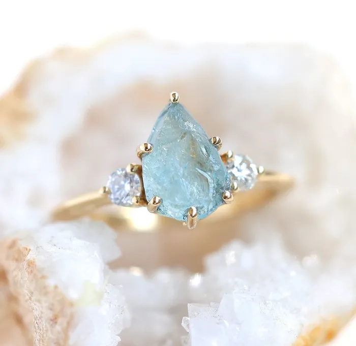 Raw Pear Aquamarine Three Stone Ring Capucinne Rings