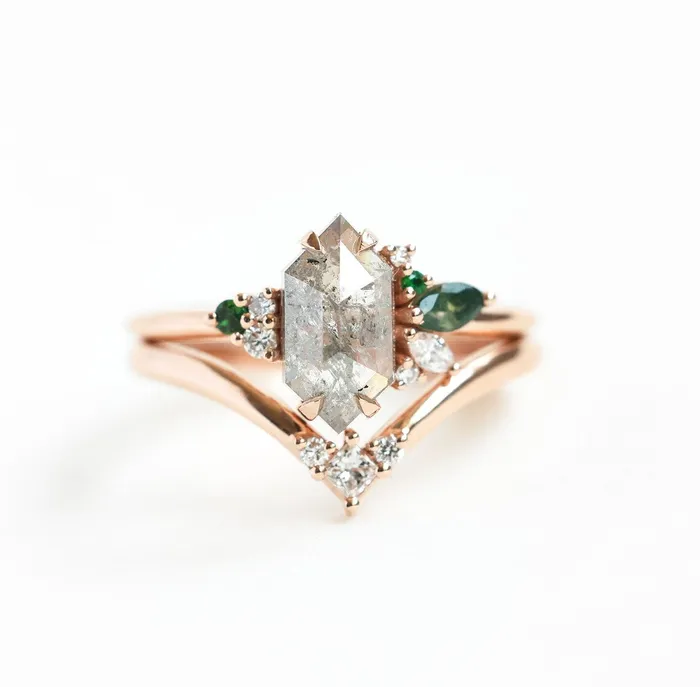 Rings Capucinne Hexagon Salt And Pepper Diamond Ring Set Rings Capucinne Hexagon Salt And Pepper Diamond Ring Set