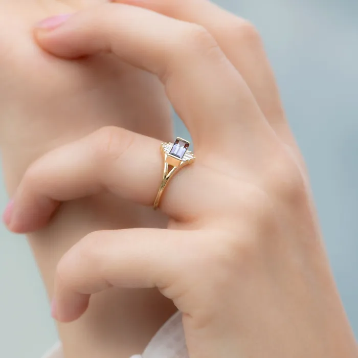 ARTEMER Tanzanite Engagement Ring with Baguette Diamond Pyramids OOAK Rings