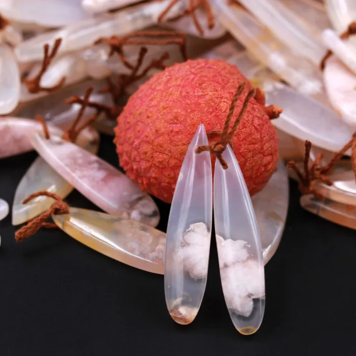 Earrings Intrinsic Trading Cherry Blossom Agate Earring Pair Drilled Cabochon Cab Pair Matched Earring Pair Natural Stone Bead Long Teardrop Pair