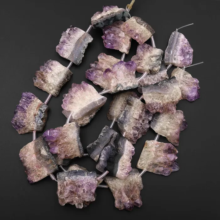 Raw Rough Natural Amethyst Stalactite Slice Pendant Organic Focal Beads Purple Druzy Drusy Slab Side Drilled Freeform Irregular 155 Strand Intrinsic Trading Necklaces