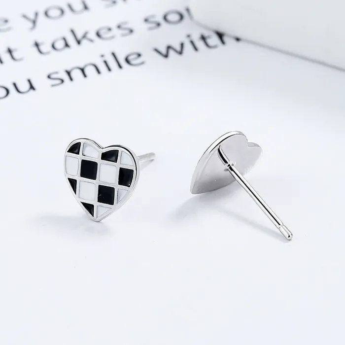 Checkered Heart 925 Sterling Silver Ear Studs Refined by AnnaKaci Earrings Checkered Heart 925 Sterling Silver Ear Studs Refined by AnnaKaci Earrings