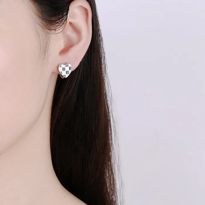 Checkered Heart 925 Sterling Silver Ear Studs Refined by AnnaKaci Earrings Checkered Heart 925 Sterling Silver Ear Studs Refined by AnnaKaci Earrings