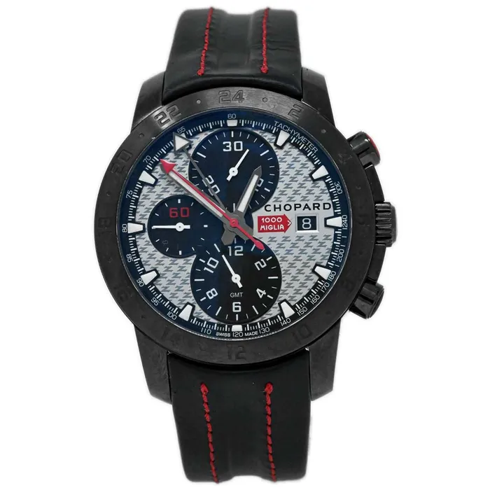 Chopard Mens Mille Miglia Zagato Stainless Steel 43mm Silver Chronograph Dial Watch Reference 59005719 Happy Jewelers Bracelets