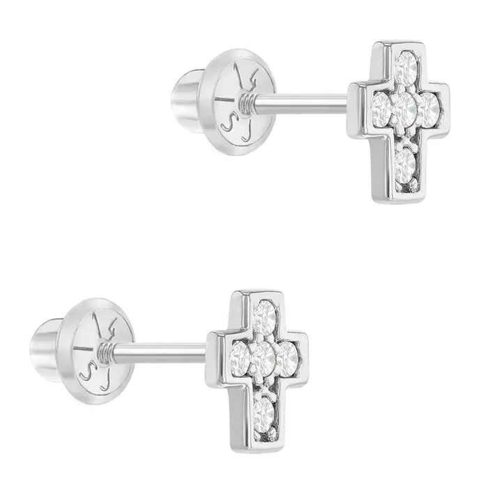Earrings 14k White Gold Petite CZ Cross Baby Toddler Kids Earrings Safety Screw Back Baby Screw Back Earrings