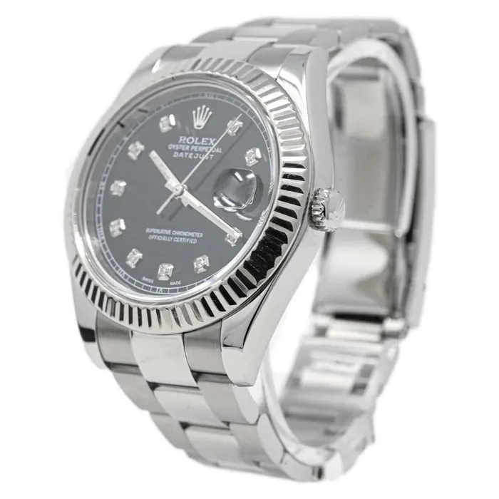 Happy Jewelers Bracelets Rolex Mens Datejust II Stainless Steel 41mm Black Diamond Dial Watch Reference 116334